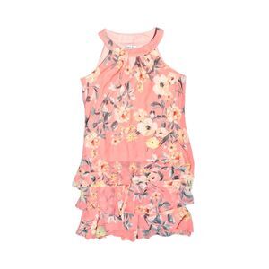 Robbie Bee 14 Coral Pink Floral Halter Dress- Tiered Ruffle Chiffon